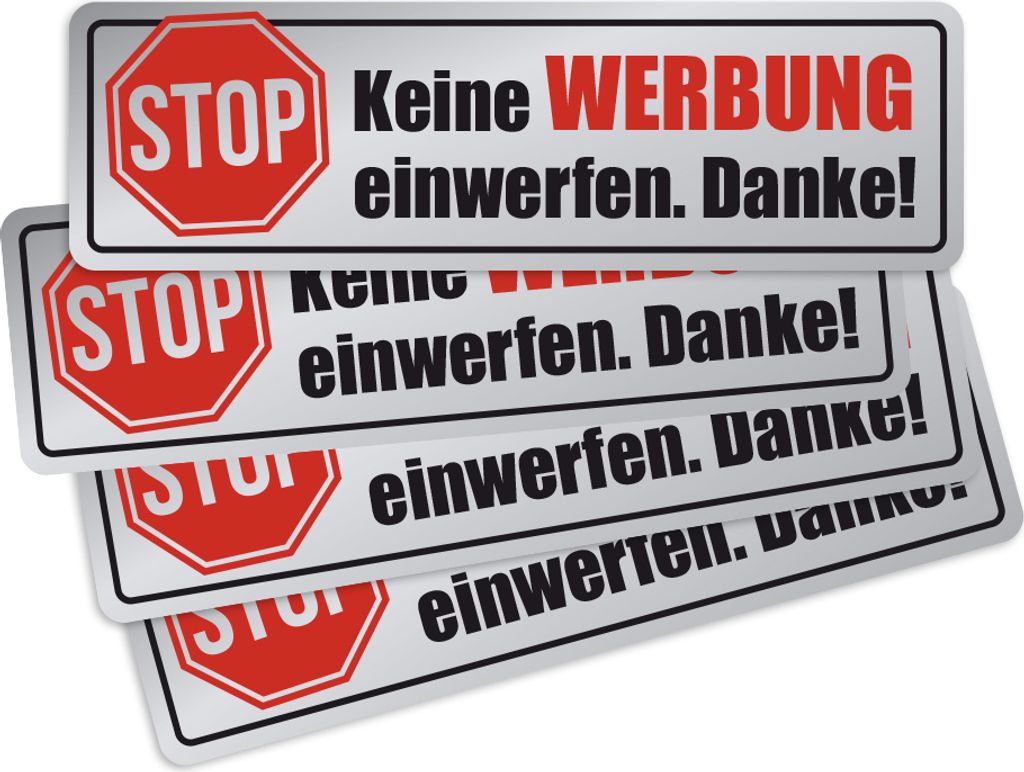 Keine Werbung - Aufkleber - einwerfen Stopschild 4X Chrome-Optik - für Briefkasten - Zeitungsrolle - Letterbox 68x22 mm