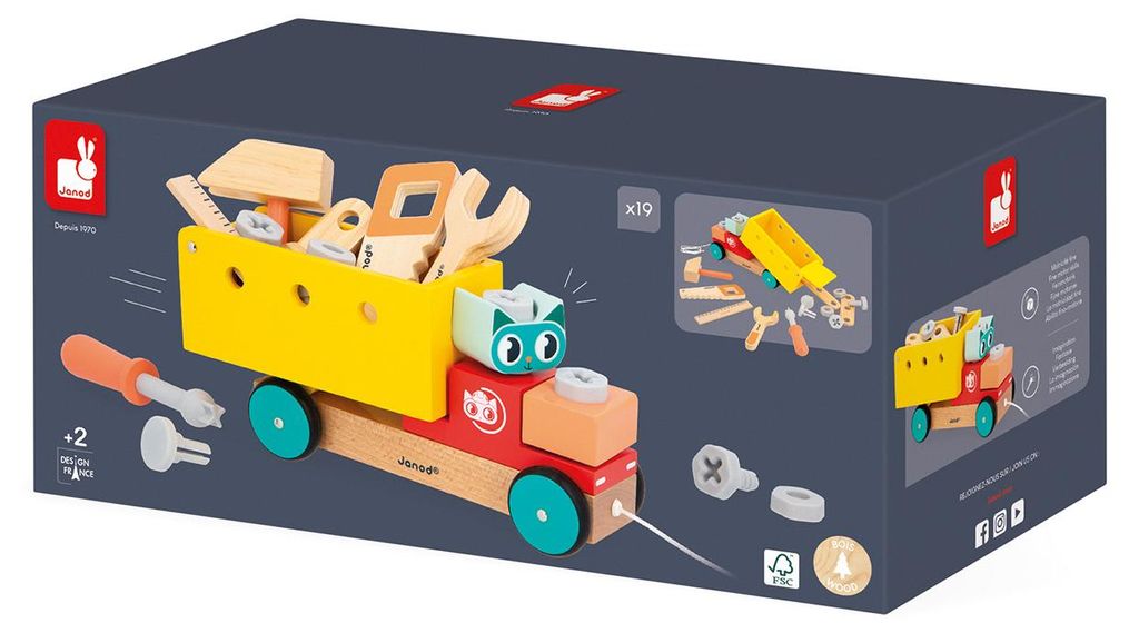 Janod Holz LKW Bauspielzeug Brico'kids - mit Werkzeugzubehör