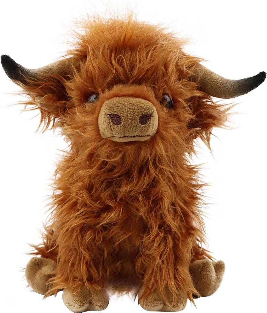 A plush toy of a Highland cow sitting on a white background.