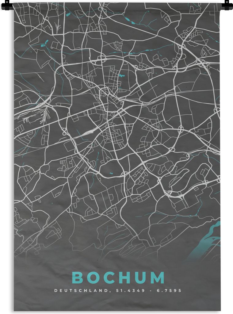 MuchoWow Wandteppich Wandbehang Karte - Bochum - Blau - Stadtplan - Deutschland 60x90 cm Tapisserie Dekoration Wandtuch - Foto-Teppich - Abwaschbar