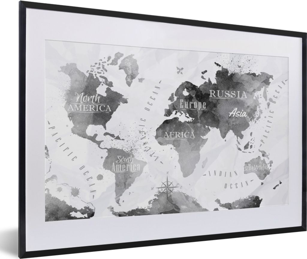 MuchoWow MuchoWow Gerahmtes Poster Weltkarte - Schwarz - Ölfarbe 60x40 cm - Poster mit zchwarzem Bilderrahmen - Schlafzimmer - Plakat in Rahme...