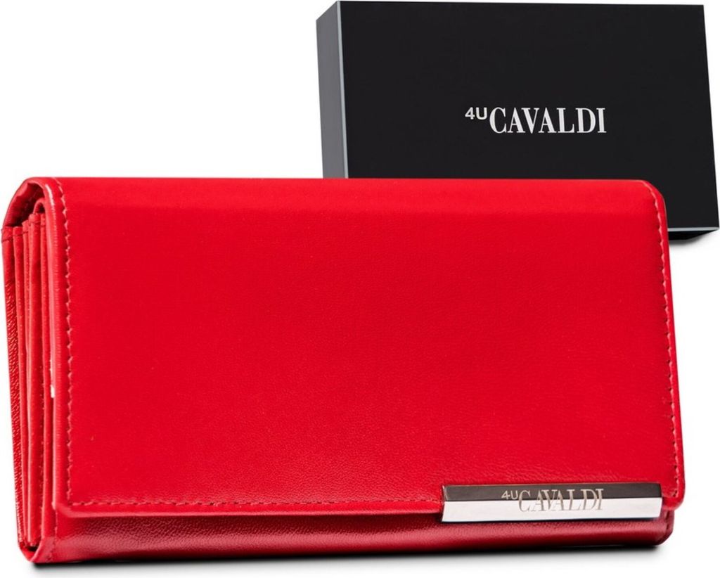 4U Cavaldi | Großes Portemonnaie, mit Lederschließe, für Damen, Naturleder, Rot, 16.5x9.5 cm
