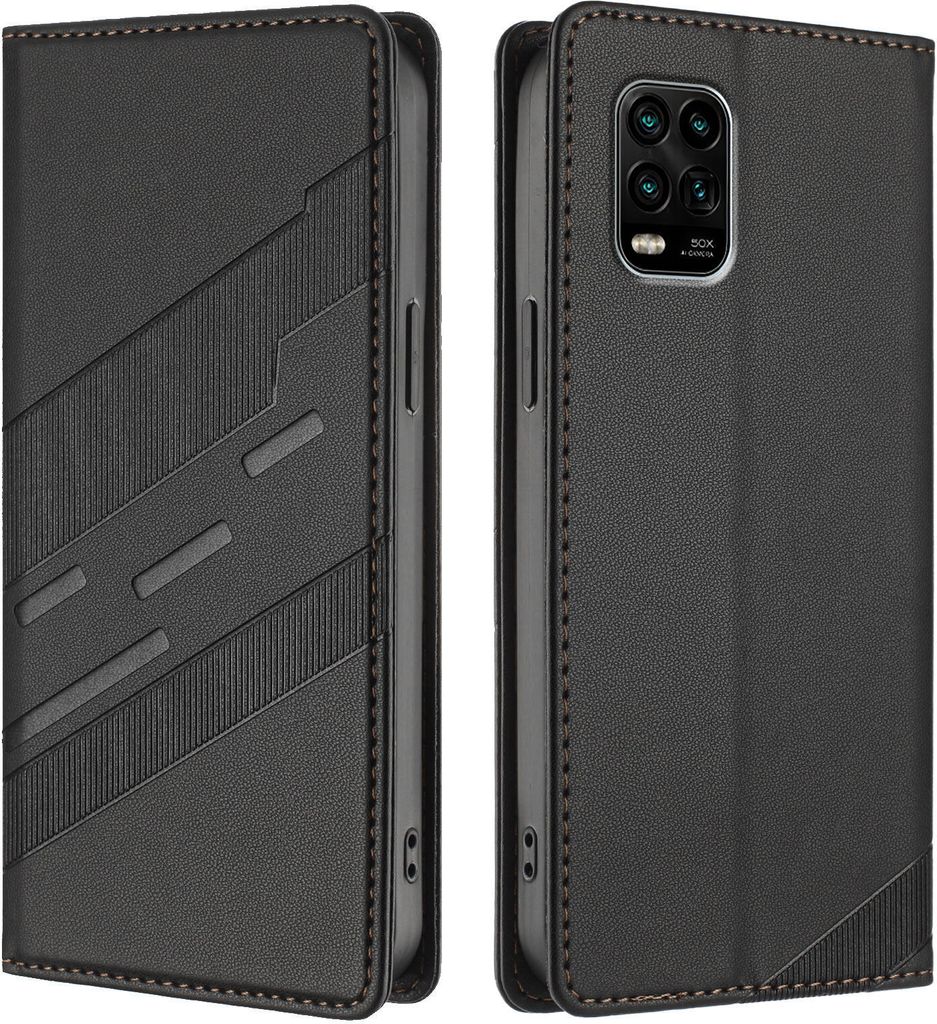Hülle für Xiaomi Mi 10 Lite, Kunstleder Brieftaschen Handyhülle mit Kartenfach und Standfunktion Schwarz
