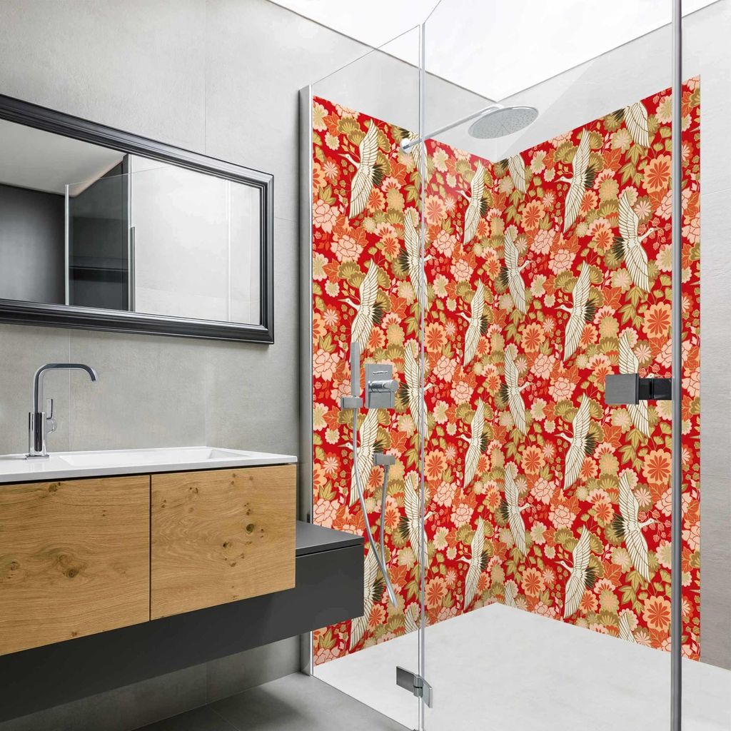 Duschrückwand Blumen selbstklebend - 0.35 mm Wandpaneel wasserfest Vogel rot Illustration Badrückwand fugenlos Smart matt 80x190 cm