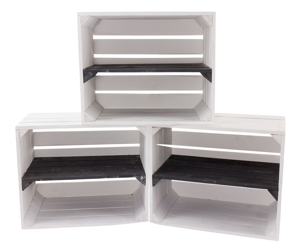 12er Set neue weisse Holzkiste mit Regalboden in schwarz 50cm x 40cm x 30cm Regal Wandregal Obstkisten/Weinkisten Kiste Holzregal Apfelkiste weiß