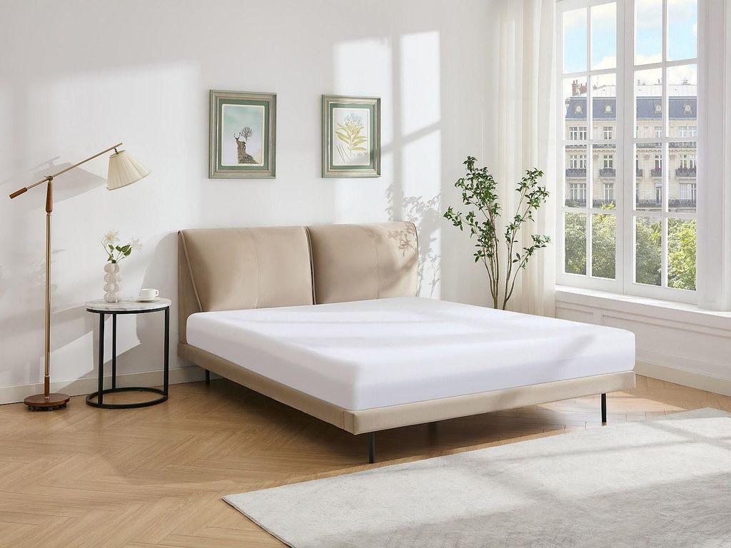 Łóżko 140 x 190 cm - Welur - Taupe + Materac - IBEDIA
