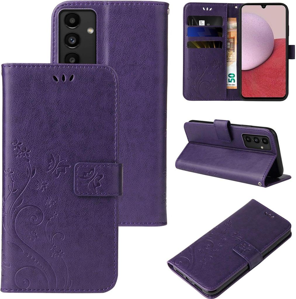A collage of images showing a purple floral butterfly embossed flip phone case for a Samsung Galaxy A14 / A14 5G.
