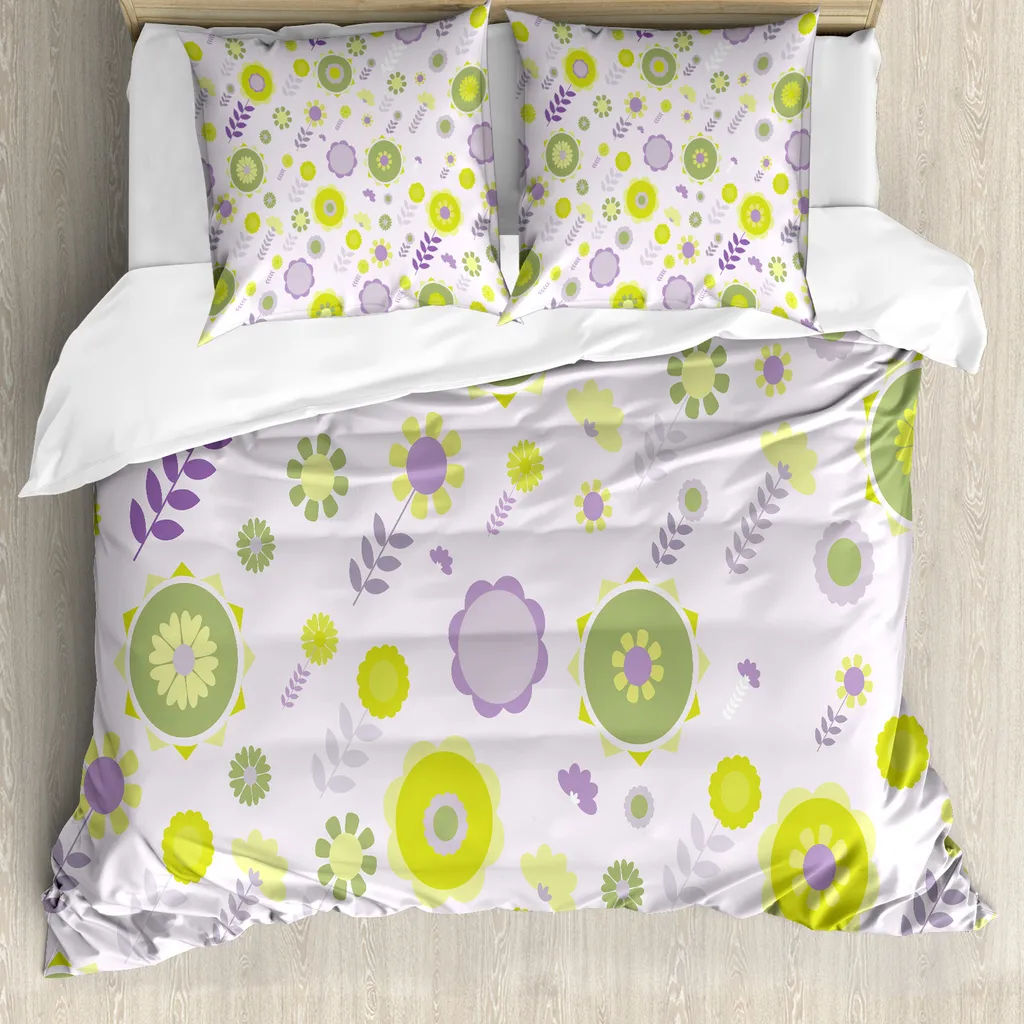 ABAKUHAUS Copripiumino con motivi floreali, motivo floreale funky, antiacaro, adatto a chi soffre di allergie, con federe, 155 cm x 220 cm - 80 x 80 cm, verde oliva mela