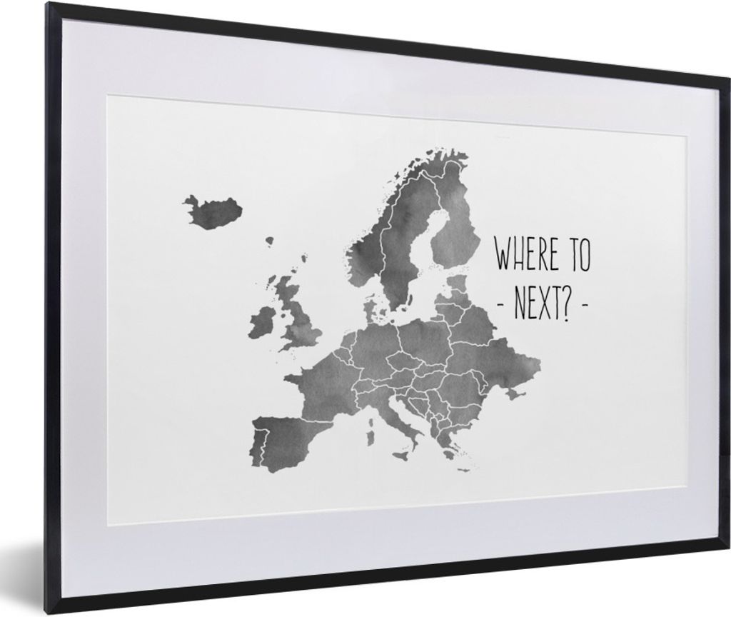 MuchoWow Gerahmtes Poster Eurocard in grauer Aquarellfarbe mit dem Zitat "Where to next?". - schwarz und weiß 60x40 cm - Poster mit Schwarzem Bi...