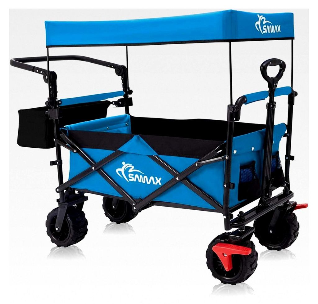 Faltbarer Bollerwagen mit Dach - Handwagen Transportwagen Gerätewagen - klappbar mit Bremse und Hecktasche - geeignet für alle Offroad-Gelände -...