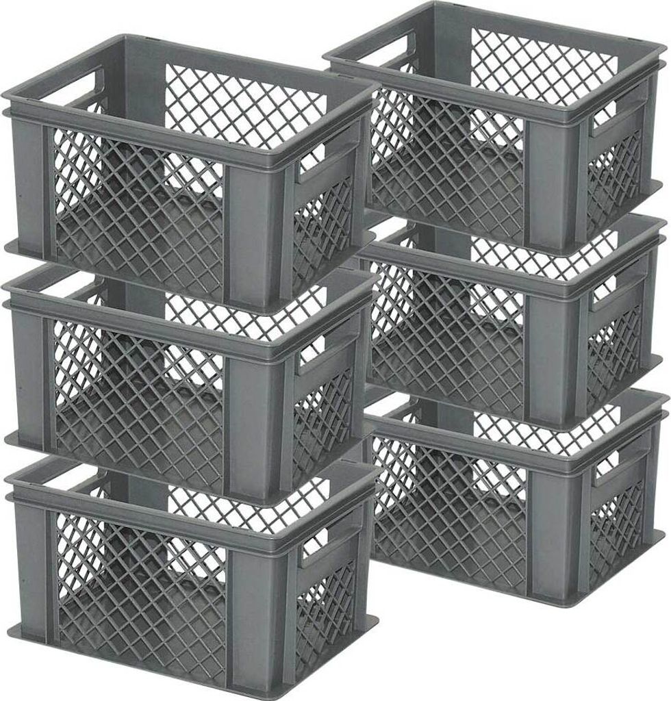 6x Stapelkorb / Eurobehälter, LxBxH 400 x 300 x 220 mm, grau, Boden geschlossen