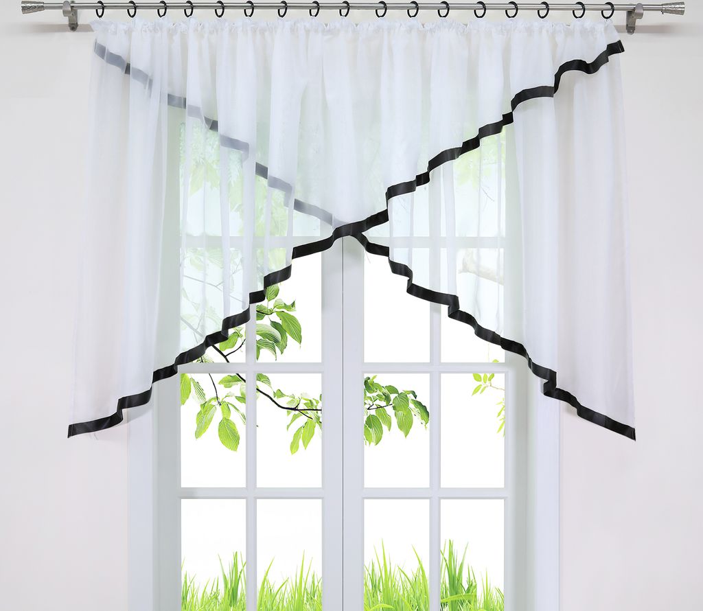 Joyswahl Scheibengardine mit Kräuselband, Cross-M-Typ Voile Gardine mit Satinband halbtransparent, Schwarz HxB 100x400 cm