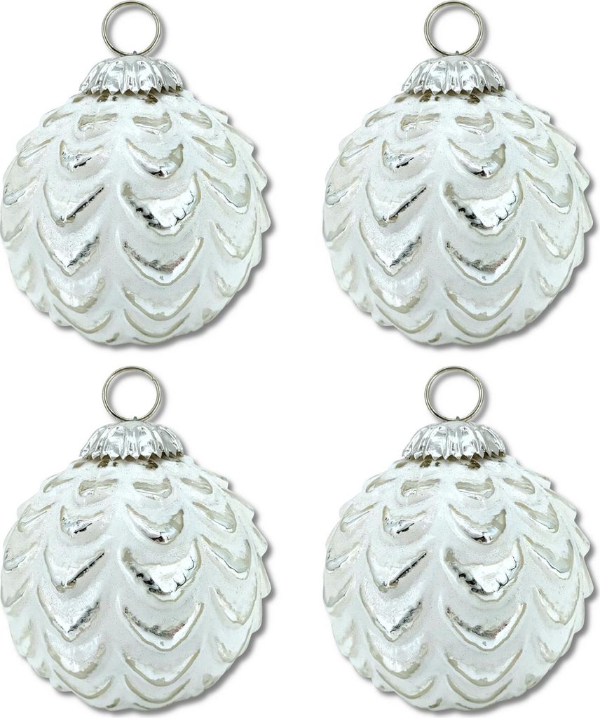 Glas Weihnachtskugel weiß silber - B - 4 Stück 8,5 x 10cm Deko-Kugel Christbaumschmuck glänzend