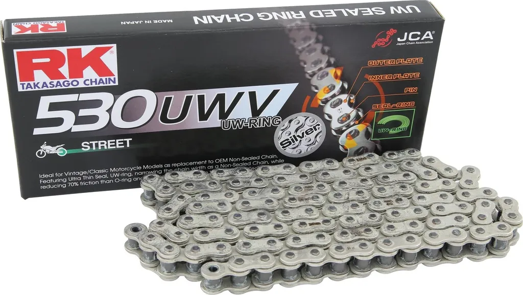 Chaîne RK 530 UWV 112 maillons argent ouverte pour moto
