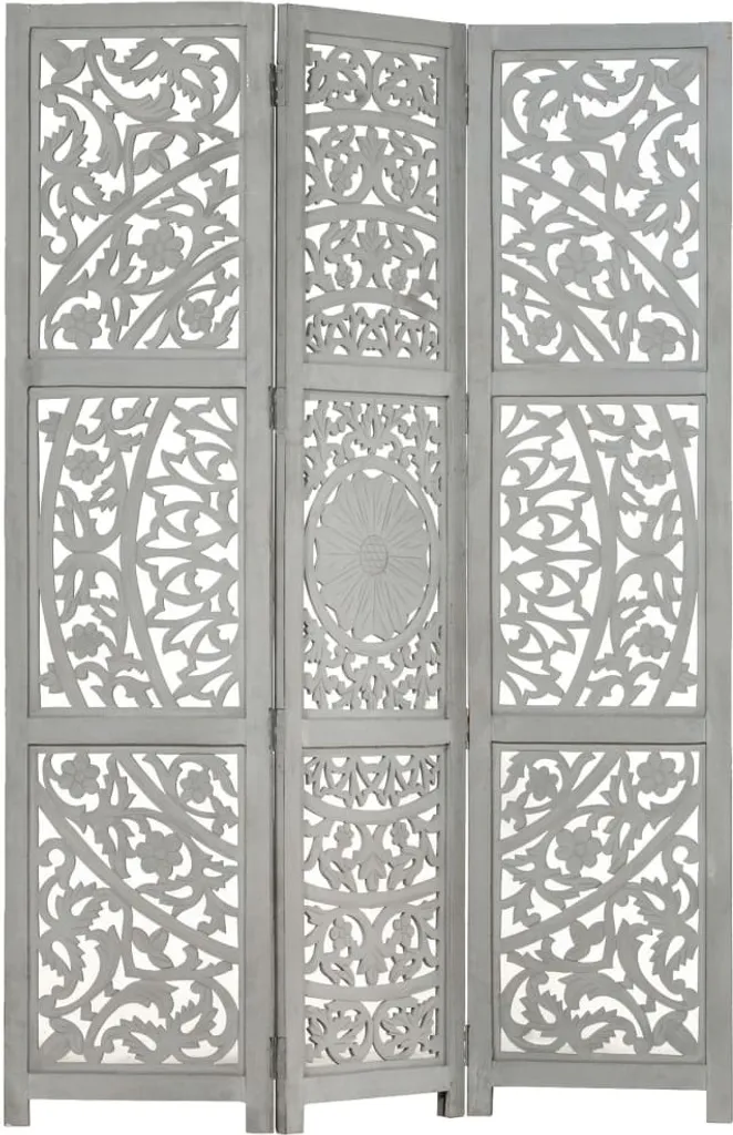 Paravent en bois gris massif 120x165 cm avec motifs sculptés main