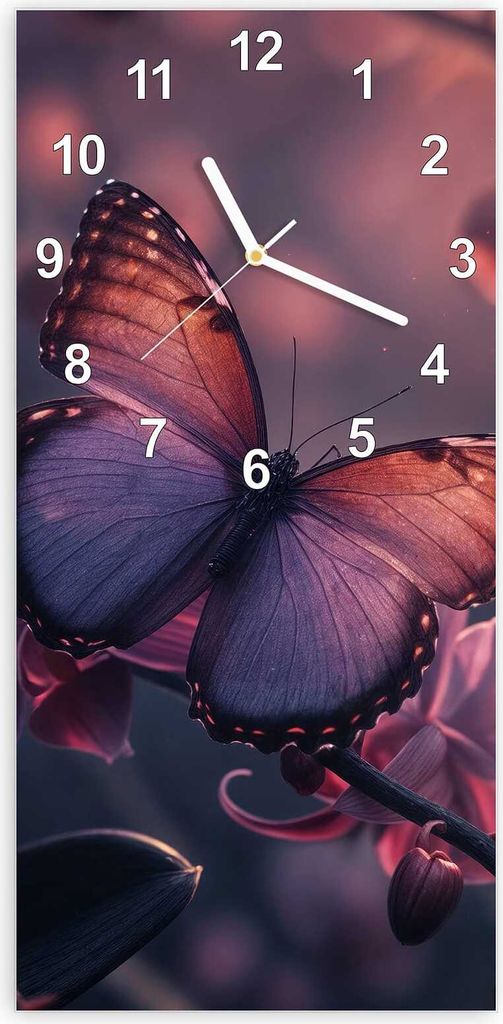 Wanduhr aus Glas mit Motiv Schmetterling Blüte- 30 x 60 cm - inkl. Aufhängesystem