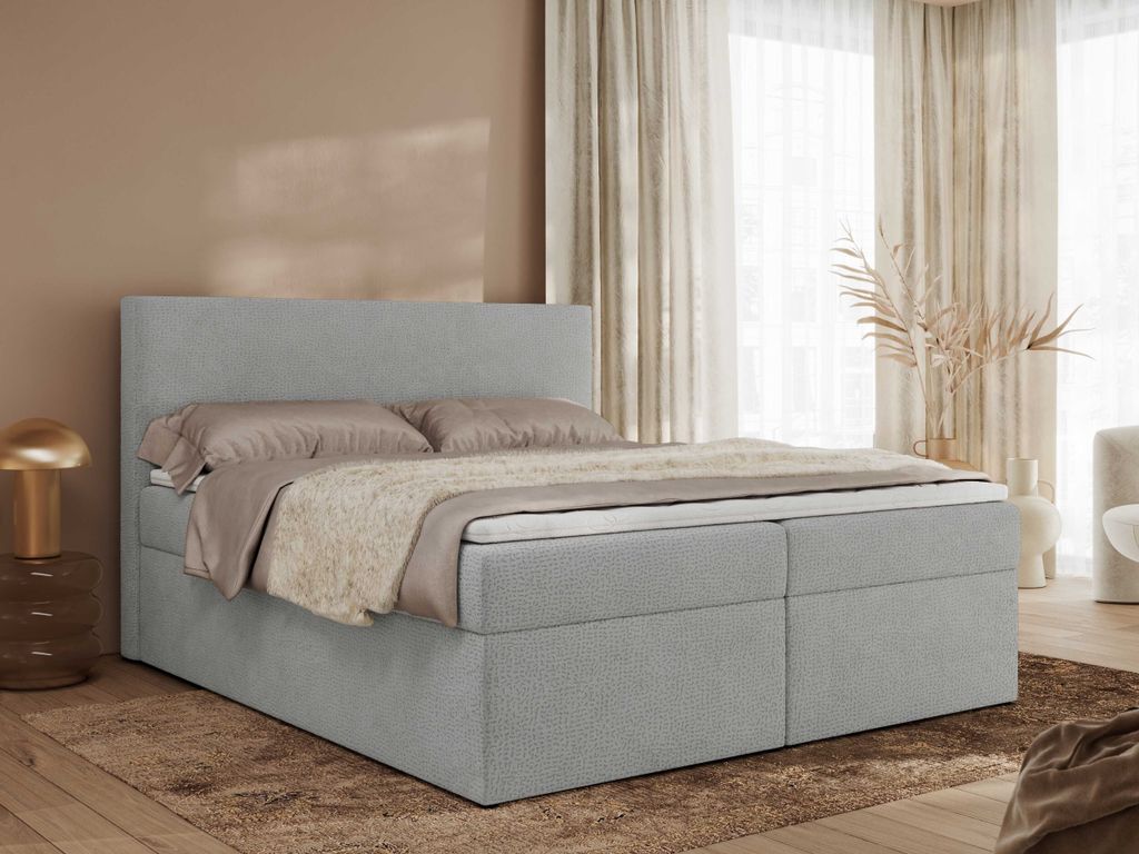 MKS MEBLE Boxspringbett, Polsterbett JAGUAR mit Multipocket-Matratze, struktur dekostoff, zwei Bettkästen und Topper T25 - 140 x 200 cm - H4 - Hel...