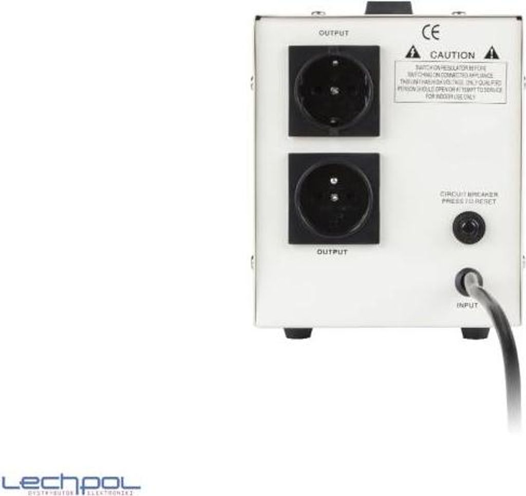 The back panel of a voltage stabilizer with two output sockets, a circuit breaker reset button, and an input power cord.