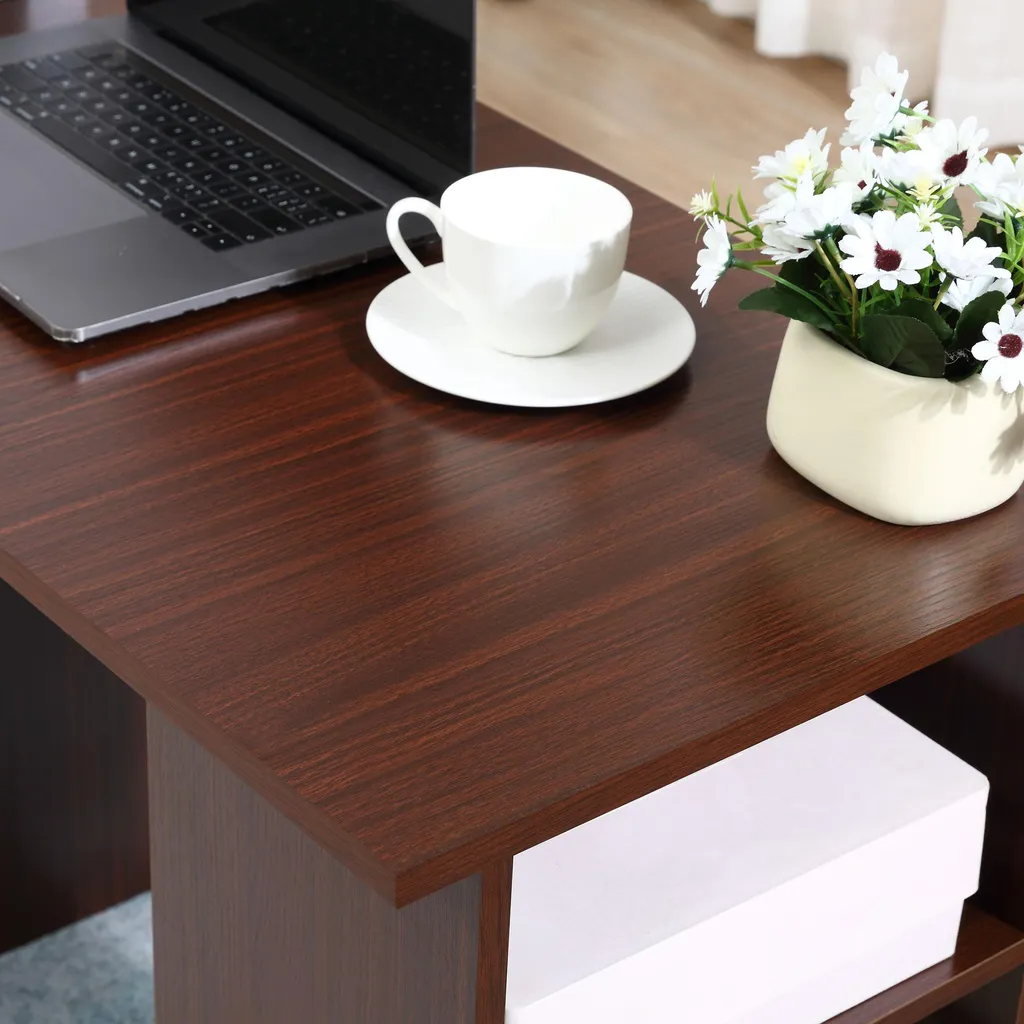 Table informatique réversible avec tiroirs et étagères, bois noyer - 10