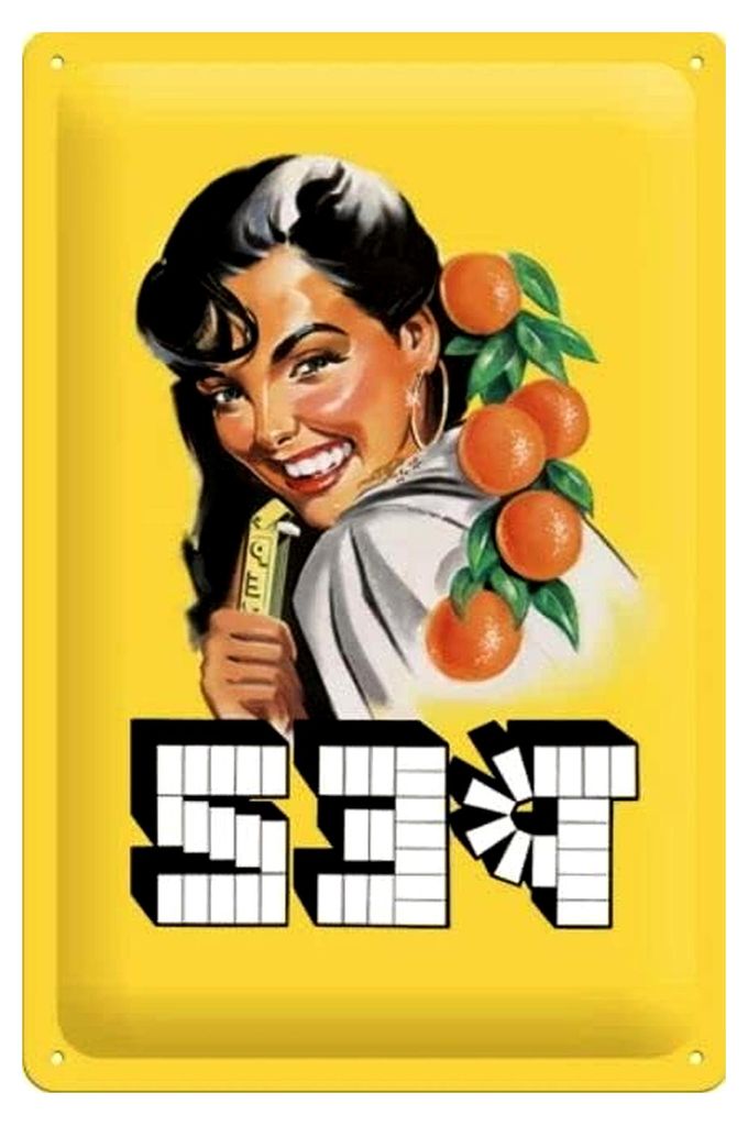 Vintage Retro Blechschild 30 x 20 cm PEZ Dame mit Orangen