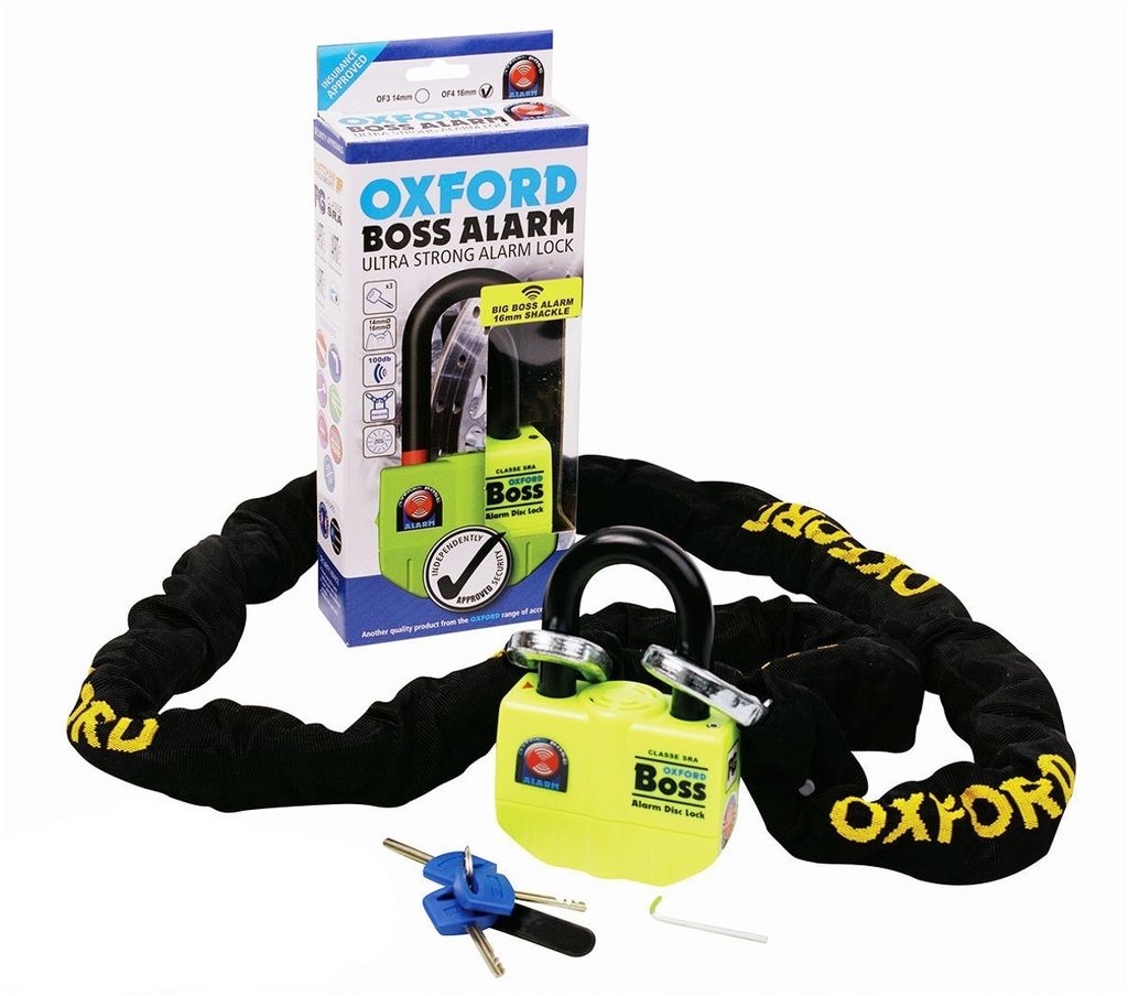 OXFORD Boss Alarm 14 mm Bremsscheibenschloss Inkl. 12mm x 1.2m Kette - Sold Secure Gold