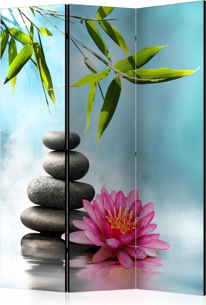 3-teiliger Doppelseitiger Vlies Paravent - Water Lily and Zen Stones 135x172 cm Orient b-B-0192-z-b