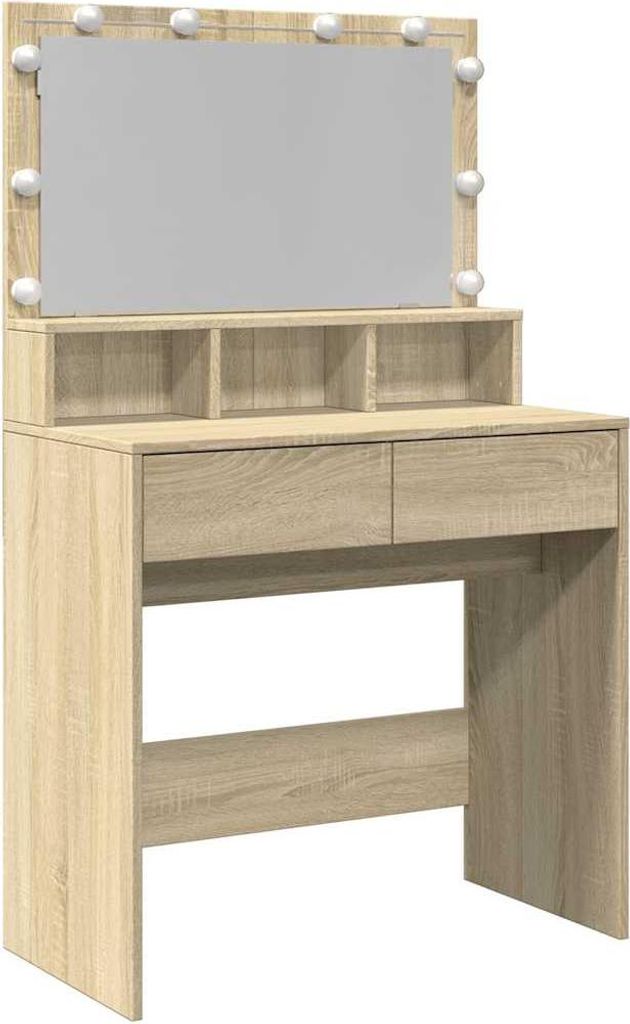 A wooden vanity table with a large mirror and LED lights.