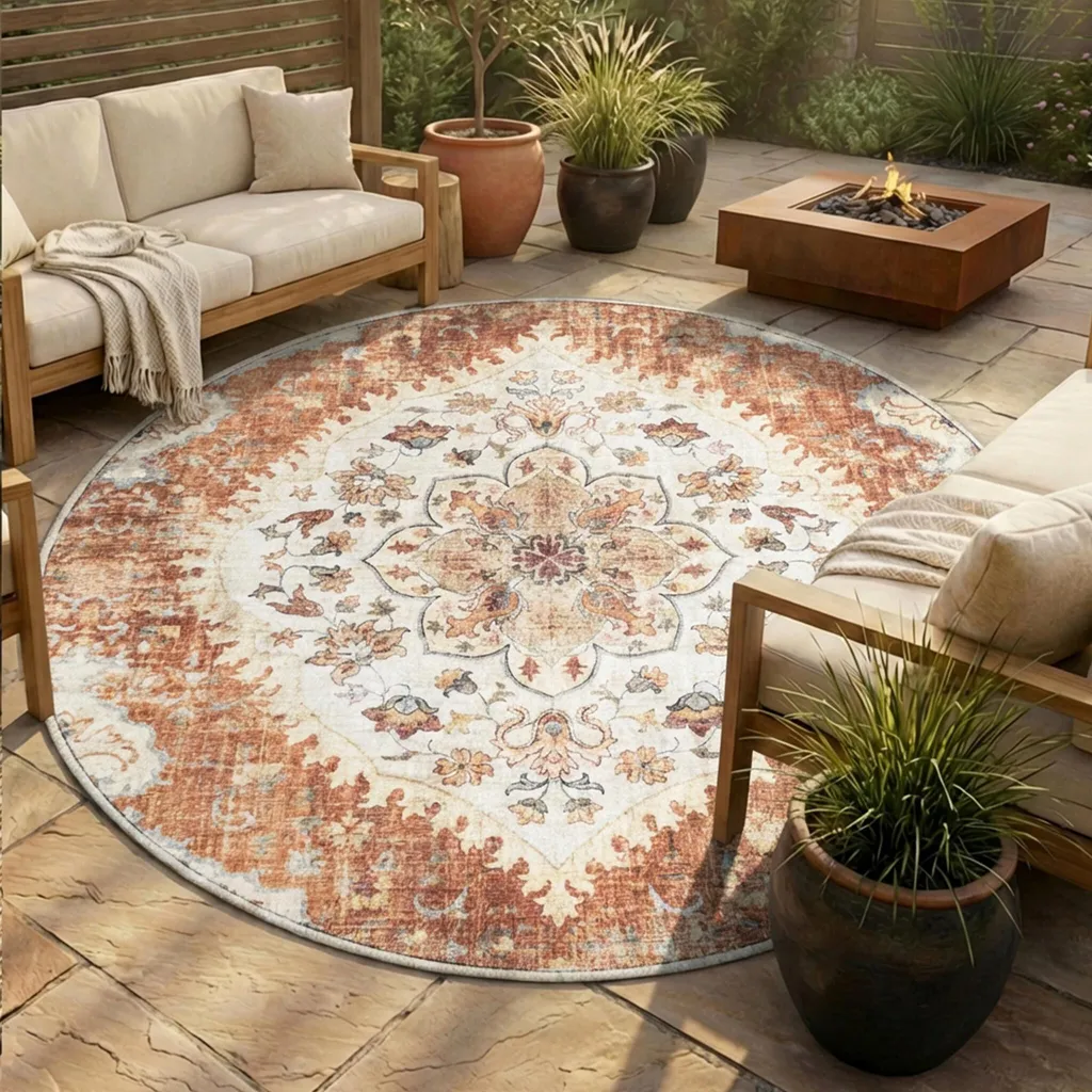 Tapis Lavable Mandala Terracotta 120 cm : La Solution Intérieur-Extérieur