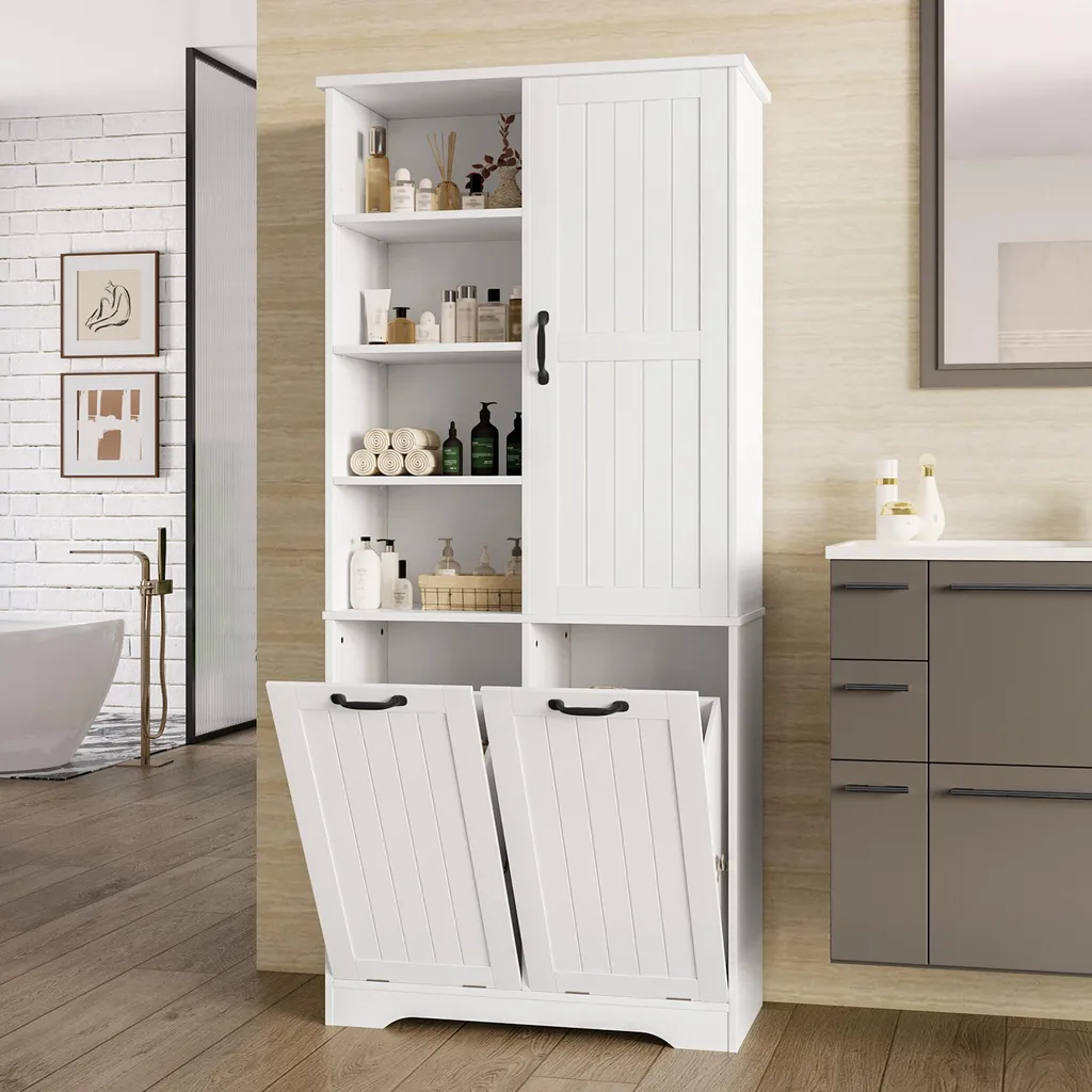 Armoire de Bain Laquée Blanche à Étagères Réglables et Double Bac Linge