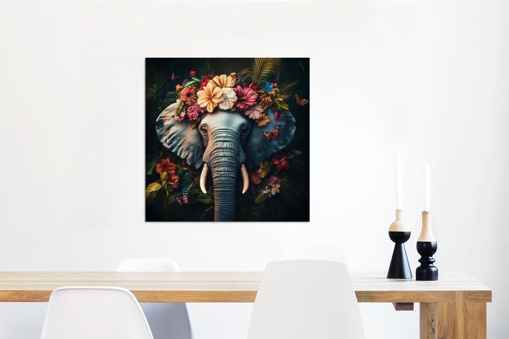 MuchoWow Wanddekoration Metall Metallbild Wandkunst 50x50 cm Elefant - Tiere - Blumen - Natur MuchoWow Aluminium Gemälde - Alubild - Industrial
