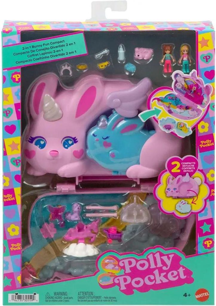 Mattel Polly Pocket 2-in-1-Bunny Fun Schatulle, tragbares Taschen-Spielset mit 2 Puppen und 12 Zubehörteilen inklusive Tieren