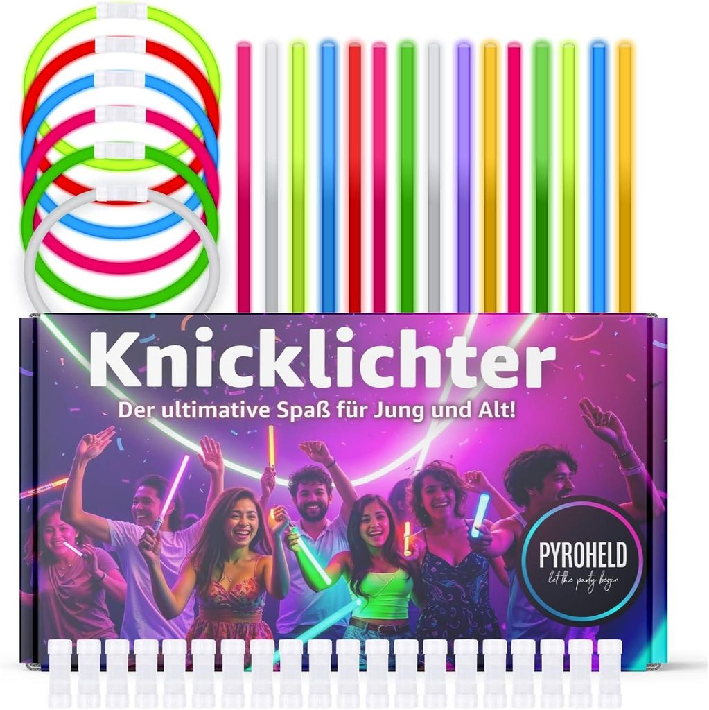 PYROHELD 100x Knicklichter - Leuchtstab - extra Hell & Lang - in bunten Farben für Kindergeburtstag, Party, Silvester Deko 2026, Mitgebsel, Festival