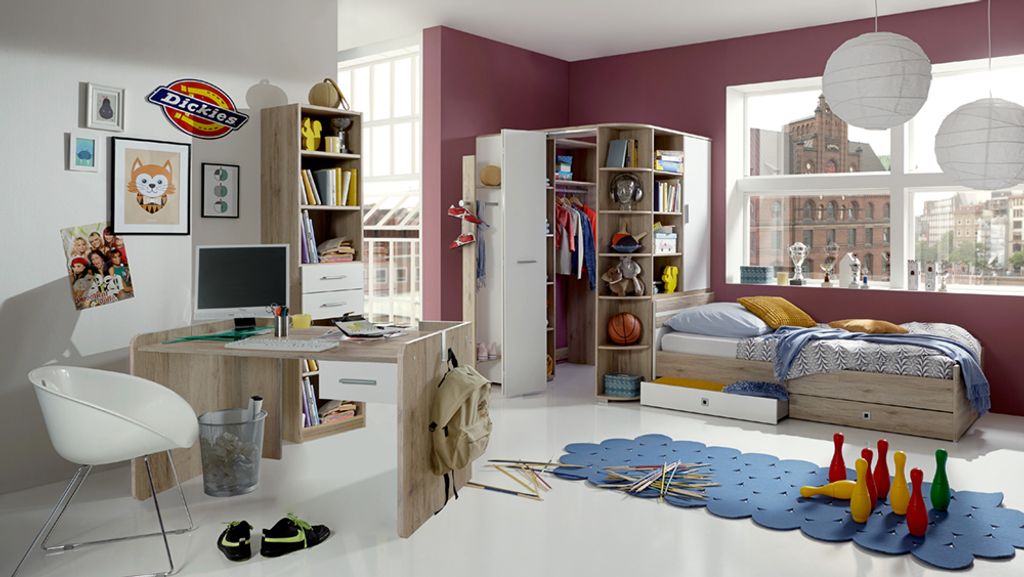 Teenager Zimmer komplett Set mit Eckkleiderschrank inkl. Beleuchtung JOHANNESBURG-43 in Eiche Nb. mit weiß