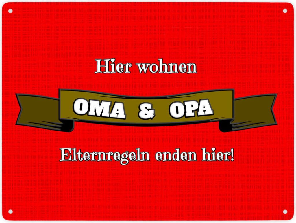 Metallschild XXL in 28x38 cm Hier wohnen Oma & Opa mit Stoffoptik in rot und