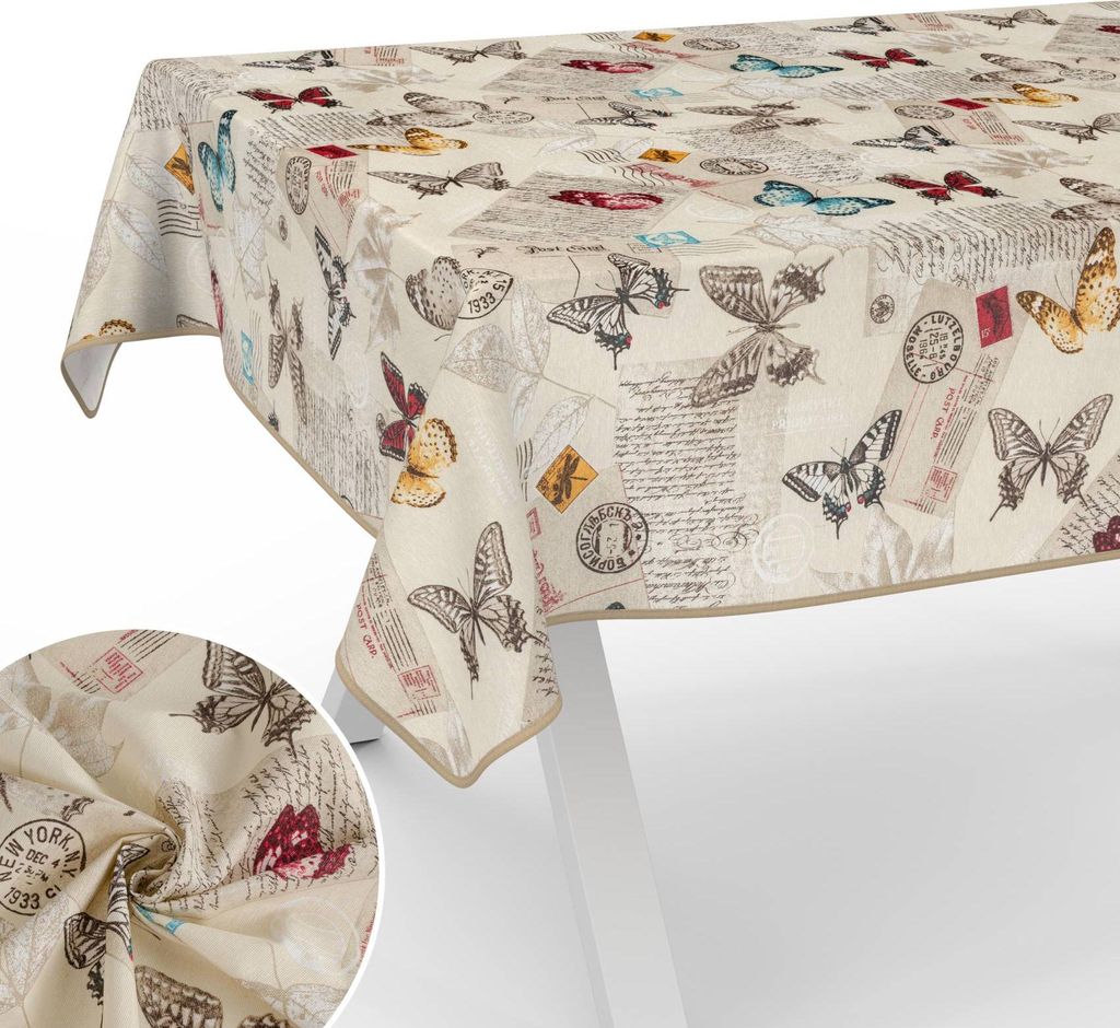 Tischdecke Post - Schmeterling aus Textil mit feinem Ästhetik Motiv Tischwäsche schmutzabweisend Tischtuch Aquarell Beige Breite 140cm Länge 260...