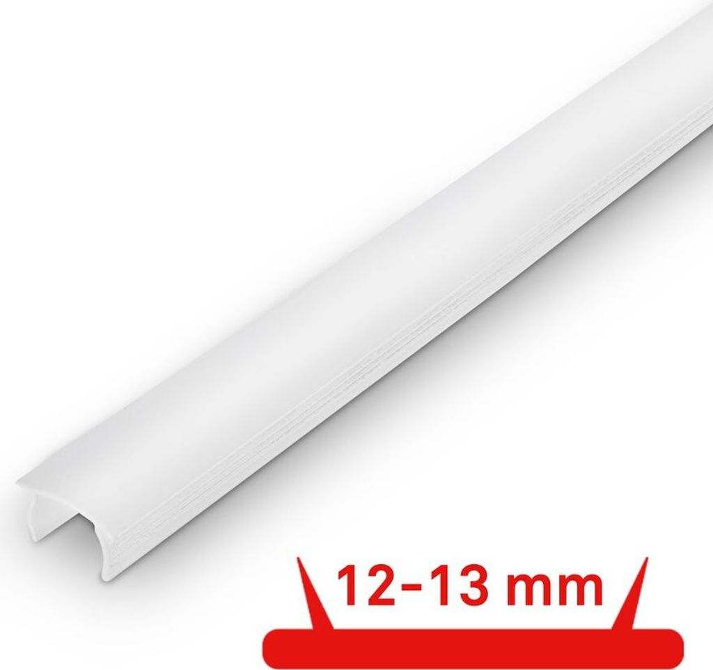 A white diffuser profile for LED strips, shown diagonally against a white background with a red graphic indicating size.