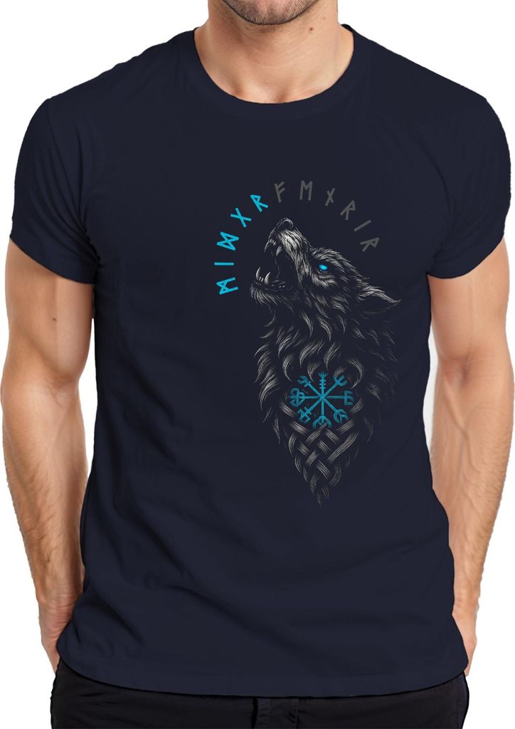 Wikinger Wolf nordisch Vegvisir Runen Valhalla Fenrir Kompass Herren T-Shirt, Navy, M