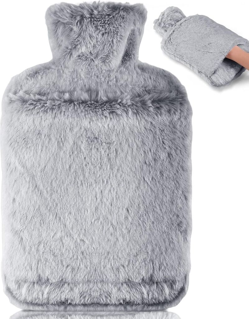 Wärmflasche mit Weichem Bezug –Auslaufsicher 2L Groß Wärmflaschen mit Känguru-Tasche,Naturkautschuk +Bettflasche Flauschig,Handwärmer für K...