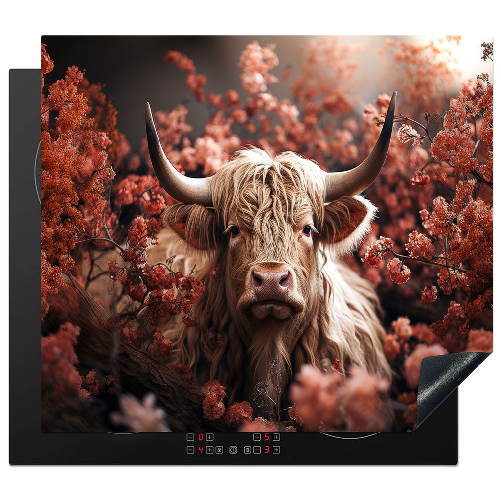 KitchenYeah Herdabdeckplatte Schottische Highlander - Tier - Natur - Blumen - Botanisch , 60x52cm, Küche Deko, Glaskeramikkochfeld Herdabdeckung...