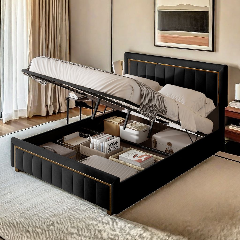 ProximaX Polsterbett , hydraulisches Boxspringbett 140x200cm mit Lattenrost und Stauraum, Doppelbett Holzbett Jugendbett Kunstleder, Schwarz