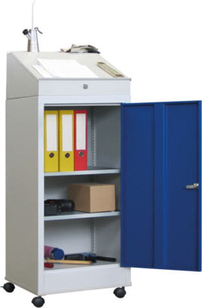 Stehpult, fahrbar - 2 Einlegeböden, pulverbeschichtet - Vollblechtür - Zylinderschloss - 1.330x500x500 mm (HxBxT) - reinorange/resedagrün