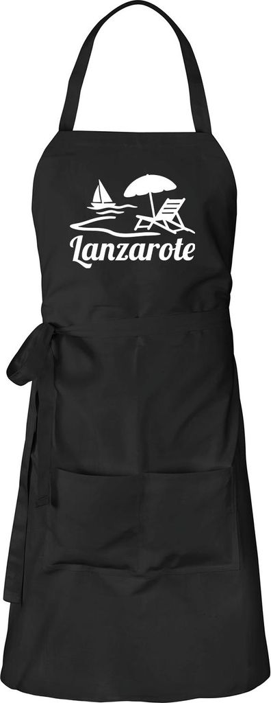 Huuraa Schürze Lanzarote Inselmotiv Spanien Schwarz mit Taschen Baumwolle Kochschürze Geschenkidee