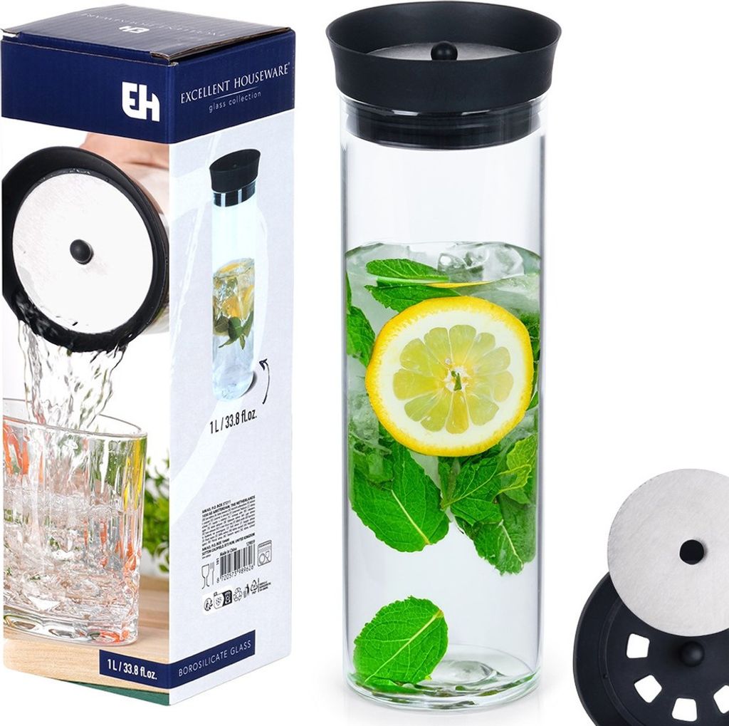 Excellent Houseware Glaskaraffe Glasflasche Glaskrug Karaffe aus Glas mit Deckel 1 L