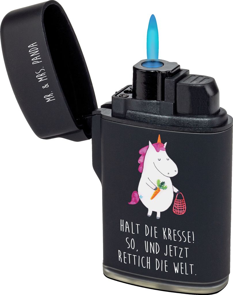 Mr. & Mrs. Panda Feuerzeug Einhorn Gemüse - Schwarz - Geschenk, gas anzünder, Unicorn, Biomarkt, Wochenmarkt, Einhörner, zigarettenanzünder, z...