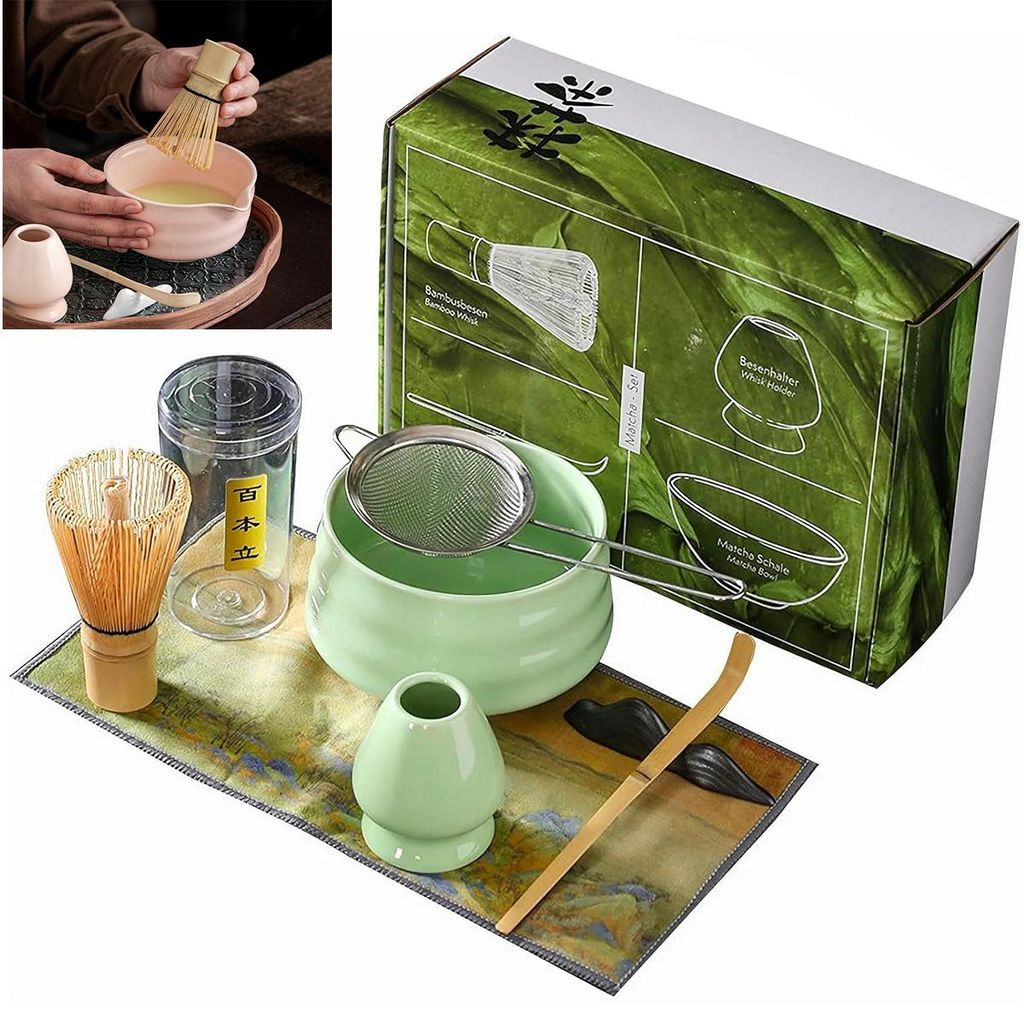 Matcha Teeschale Set,Japanisches Teezubehör mit Bambusbesen, Löffel, Chasenhalter und Sieb,Geschenkbox,Grün
