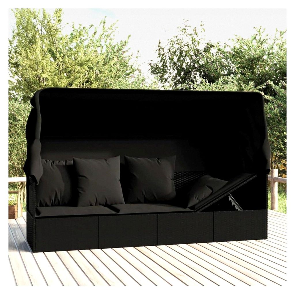 Loungebett für den Außenbereich mit Dach und Kissen, Lounge Sofa für den Garten, Sonneninsel, Liege, Daybed, Gartenbett, Schwarz Poly Rattan
