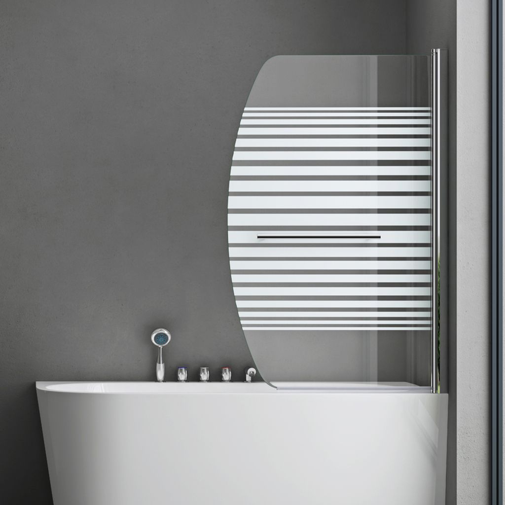 A modern bathroom with a white bathtub and a glass shower screen with horizontal stripes.