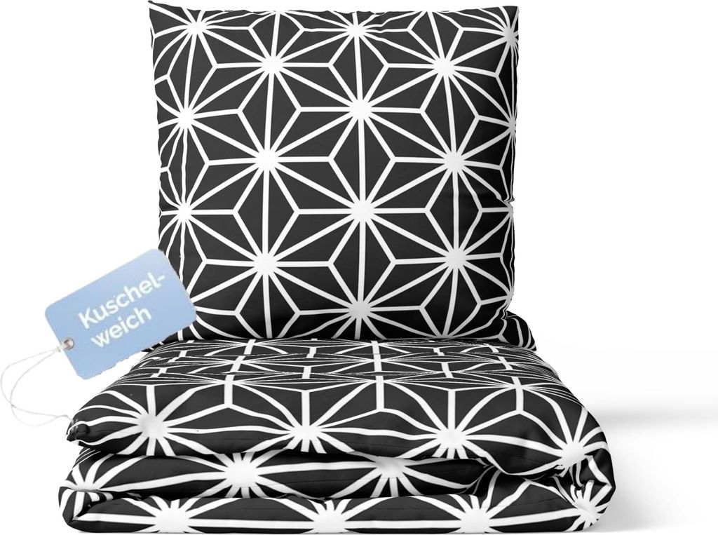 Bettwäsche 135x200 cm 4 teilig Schwarz Bettbezug weiß stern gemustert 100% Mikrofaser Bügelfrei