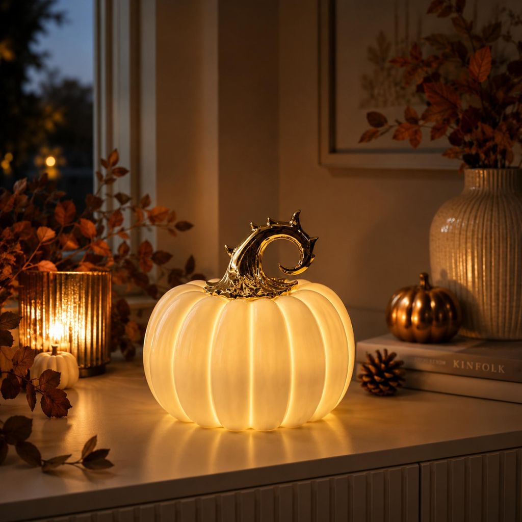 LED Porzellan Kürbis Weiß Gold Groß Herbstdeko mit Produktbild 