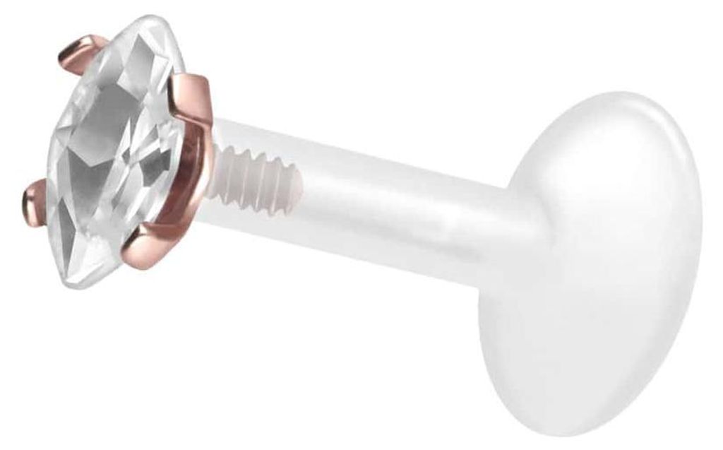 Ohrpiercing, Nasenpiercing PTFE Labret mit Innengewinde + Titan-Aufsatz EINGEFASSTER KRISTALLTROPFEN RoséGold Stablänge: 5mm | Stabstärke: 1,2mm...